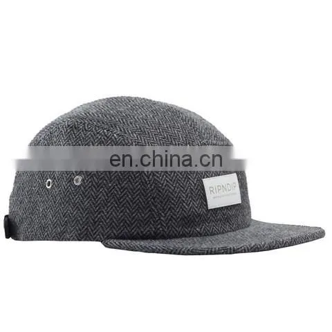 New fashionable navy blue woolen 5 panel hat with woven label