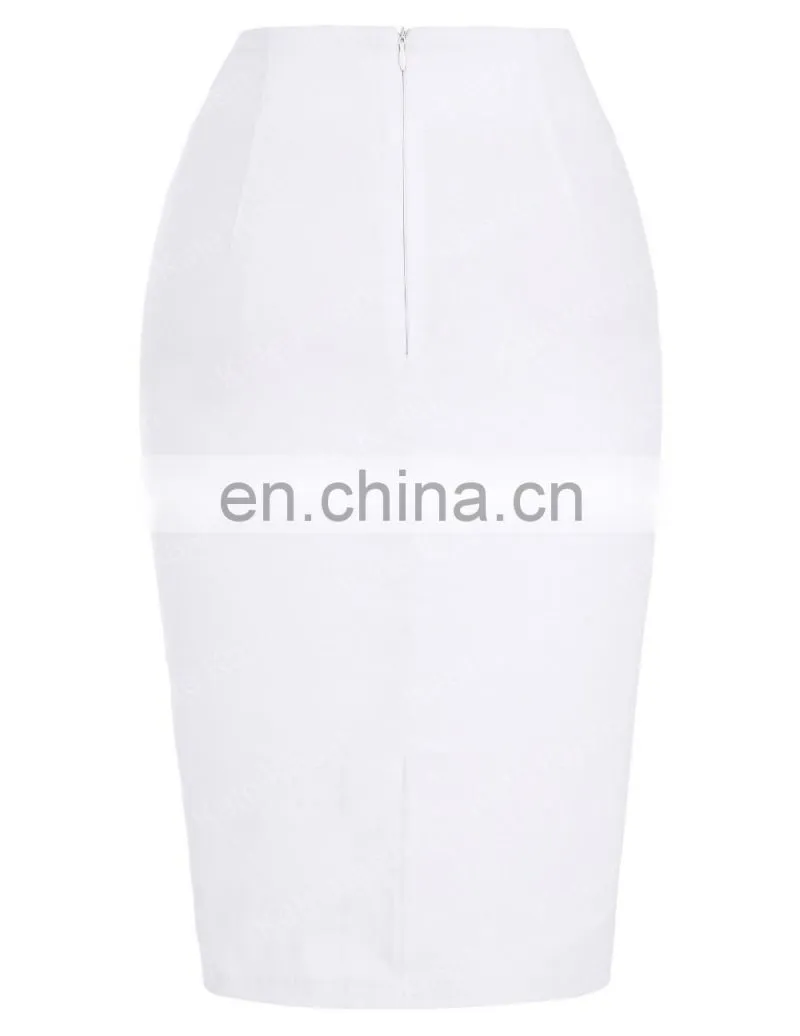 Kate Kasin Occident Women's OL High Stretchy Hips-Wrapped Split back Short White Pencil Skirt 24" KK000273-2