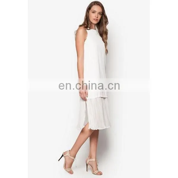 Fashion ladies clothes latest design pleat hem sleeveless white women dress