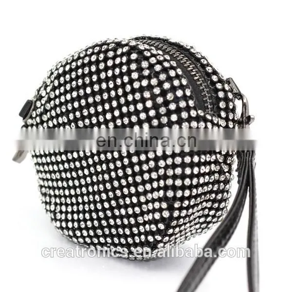 CR More than 80% customer repeat order shining diamond surface long chain round shaped black zipper new fashion mini coin purse