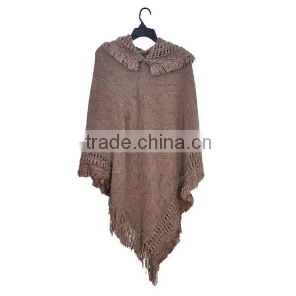 2015 women fashion warm fur hooded crochet knit poncho sweater with collar