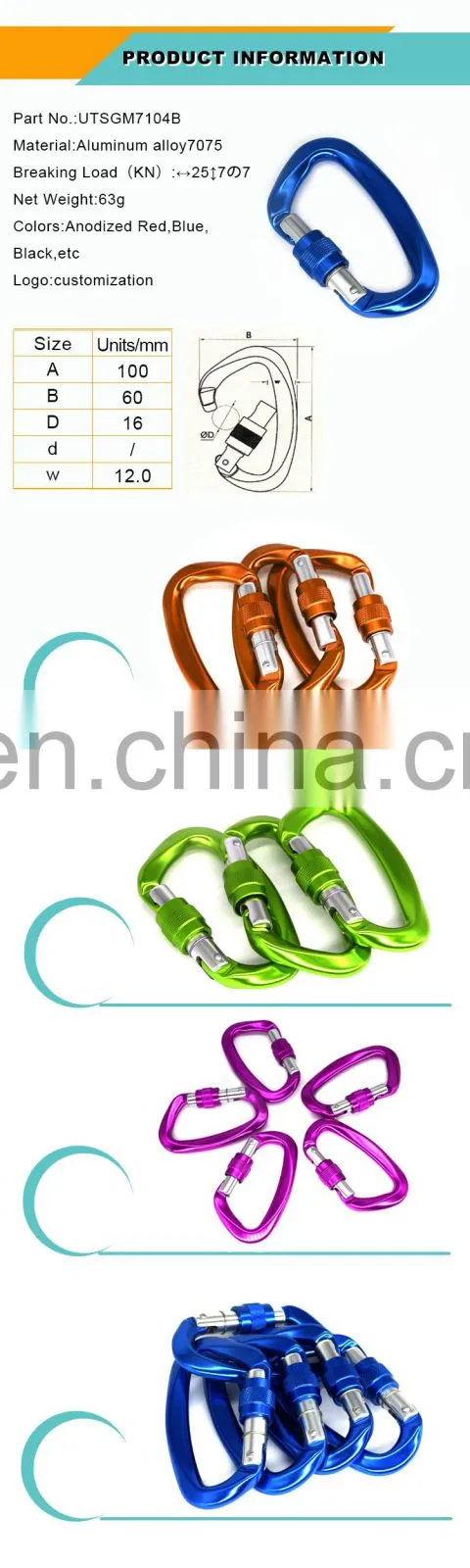 Custom gold black 25kn D ring locking rotating climbing carabiner hook,screw-caribiner