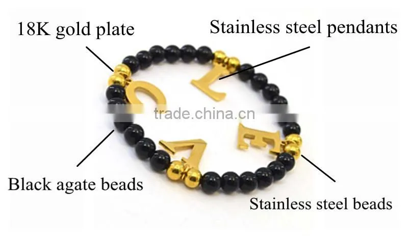Custom fashion bracelet with 26 letter pendant choose black bead bracelet