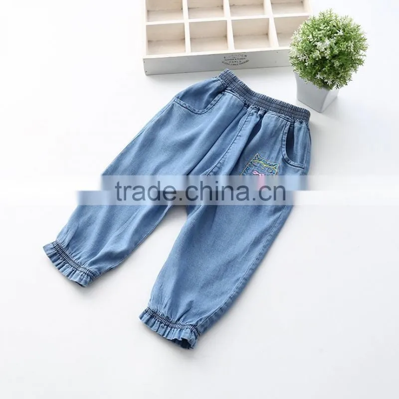 Girls Jeans 2016 Spring New Style Haroun Pants Kitten Embroider Closed Foot Trousers Kids Pants