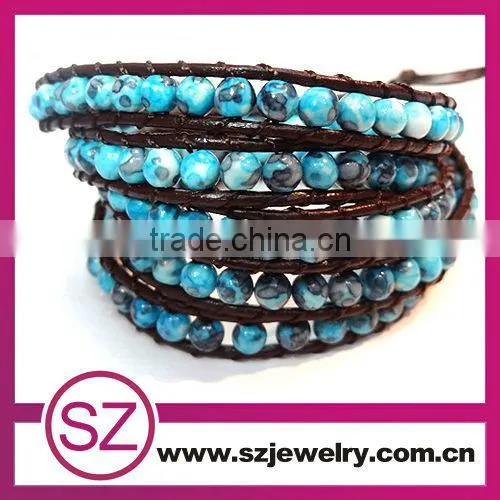 2013 fashion jewelry 5 wrap gemstone bead leather bracelet