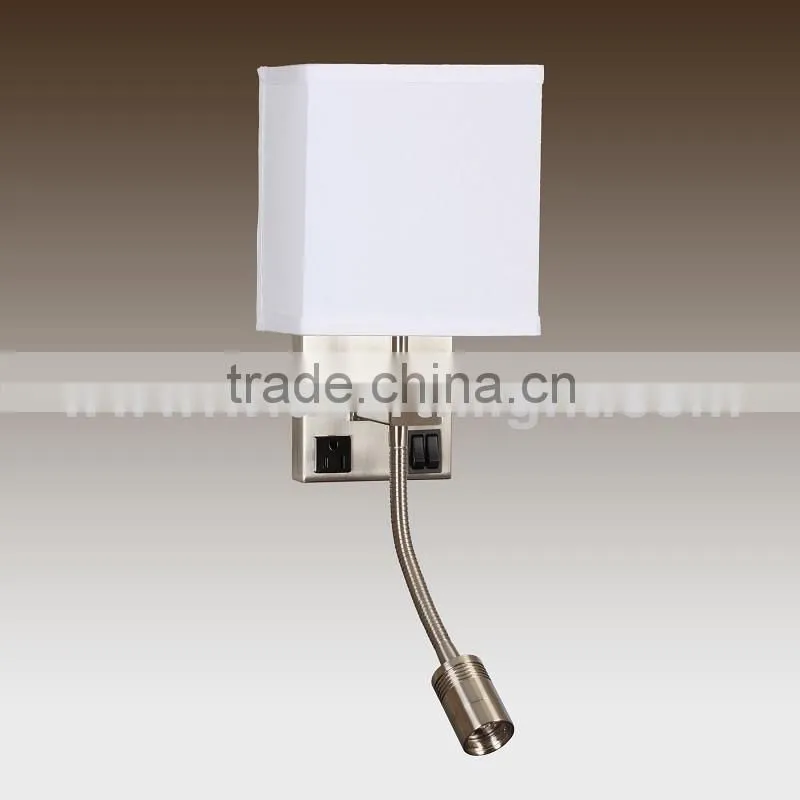 UL CUL Listed Nickle Dual Switches And Outlet With Flexible Gooseneck LED Lamp Hotel Bedroom Reading Fabric Wall Light W20266