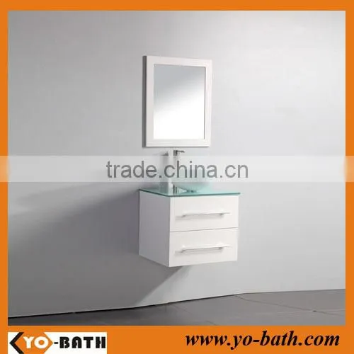 24 inch Single wall-mouted Bathroom Vanity in white, vessel sink vanity, glass countertop and basin