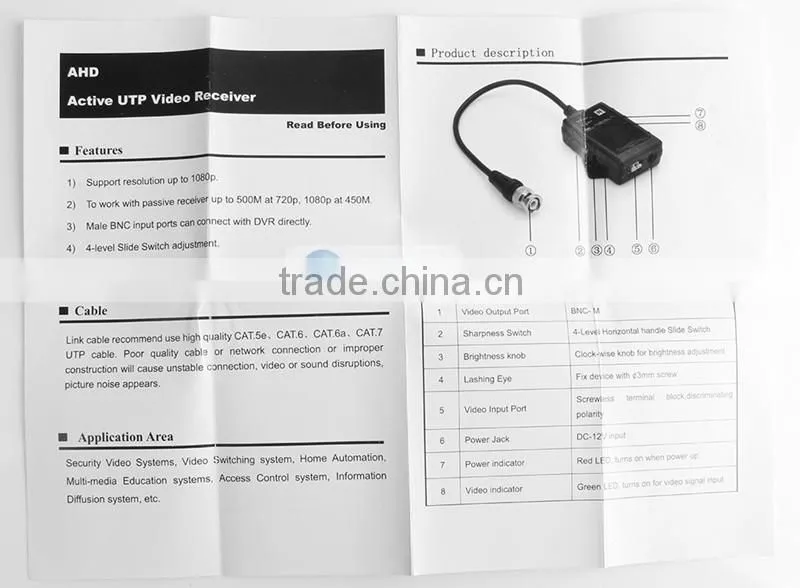 1080P AHD Camera Video Receiver UTP Network Power CAT 5e,CAT 6 TO Camera CCTV BNC Support MAX 450M