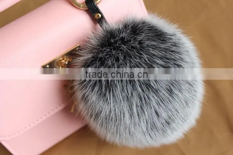Fluffy Lovely Round 12cm Dyed Fox Fur Pompom with Keychain for Bags