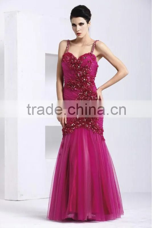 New design sexy backless spaghetti strap beaded mermaid fishtail sleeveless evening dress 2014