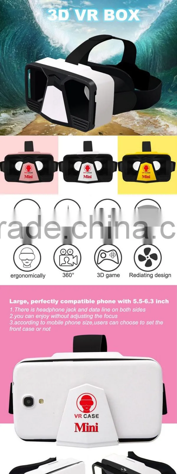 2016 virtual reality cardboard 3D vr headset vr case with bluetooth remote controller