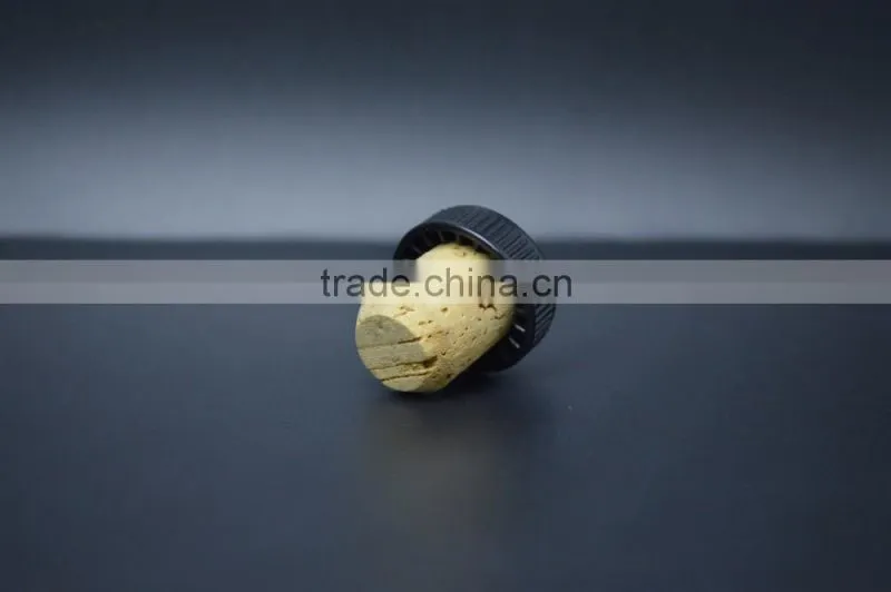 Black plastic cap with wood cork glass bottle T-shape stopper