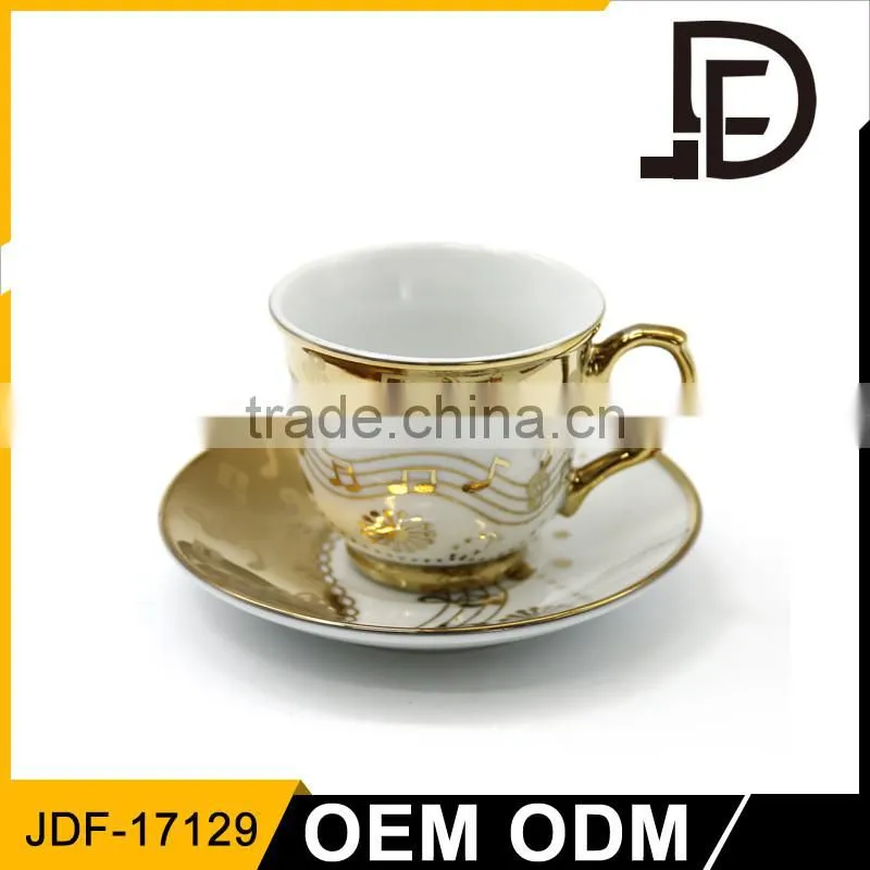 Wholesale gold electro plating custom printed durable porcelain tea cup and saucer