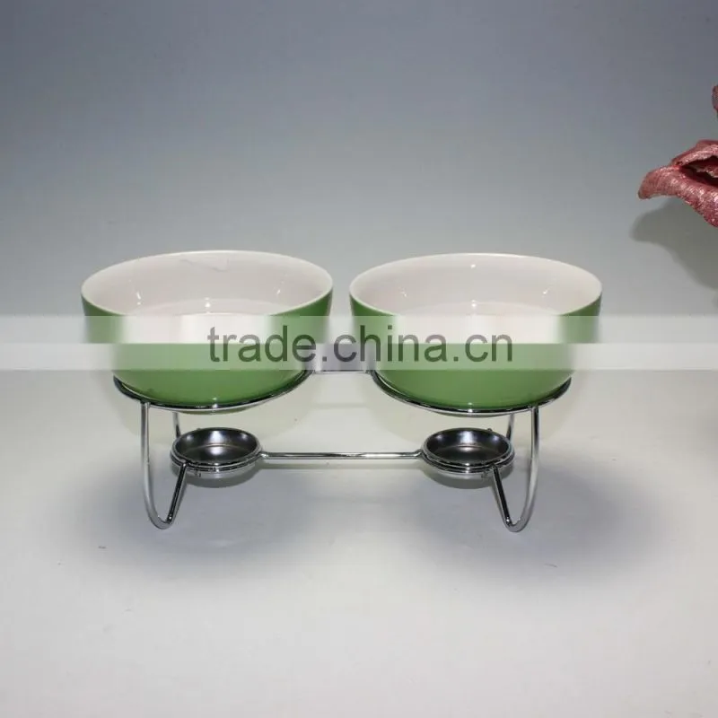 Two Compartments Ivory White Ceramic Porcelain Tealight Candle Cheese Butter Chocolate Fondue Set