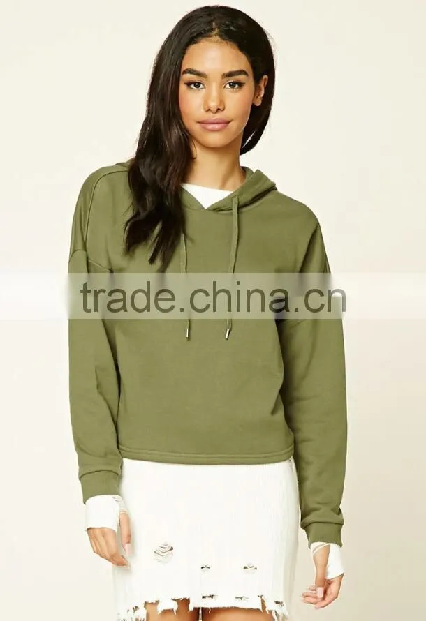 Boxy French Terry Hoodie Short Style Green Hooded Sexy Spring Pullover Sweatshirts Cropped Top Hoodie China Suppliers