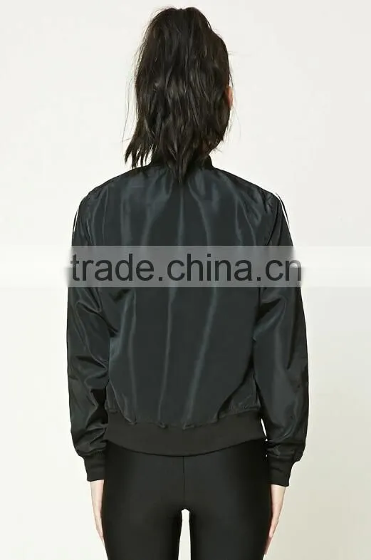 Wholesale Price Boutique Girl Clothing Woven Contrast Sleeve Zipper Front Basic Collar Stripe Lady Fashion Soccer Bomber Jacket