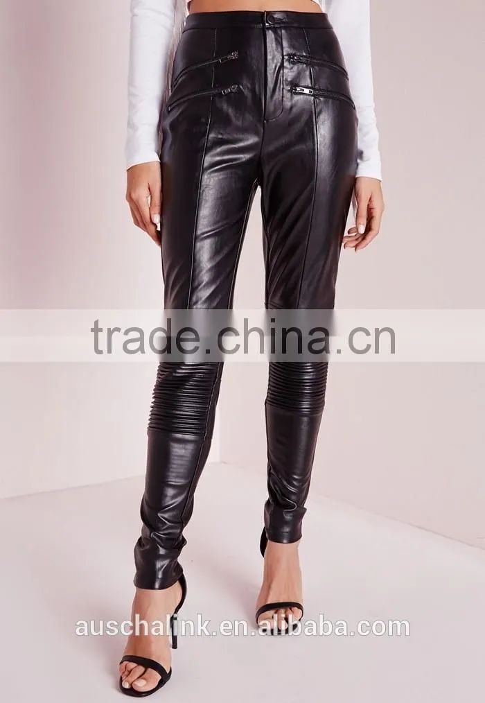 new design black faux leather biker pants cheap price