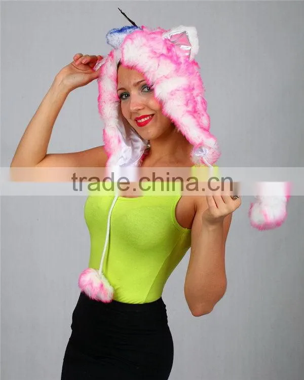 Fashionable top sell High quality animal hood hats with pom ear flaps