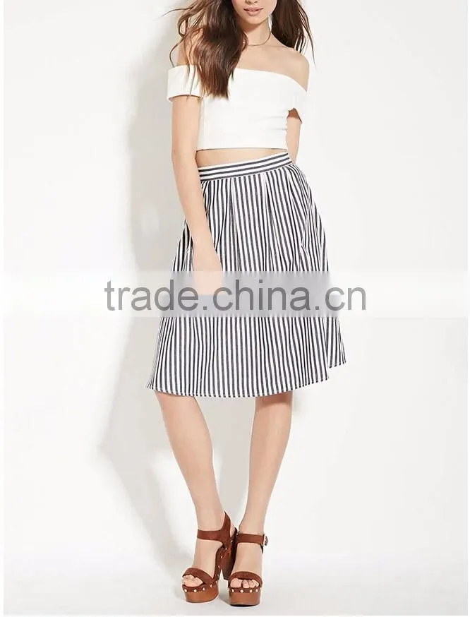 Hot selling pleated waist contemporary stripe lady skirt women a line skirt 2016