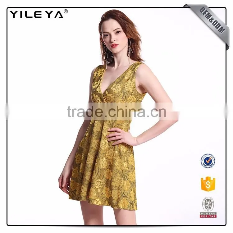 Odm Services Pleated V Neck Sleeveless Dress Flower Slim Waist