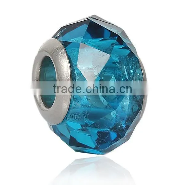 Lampwork Glass European Style Large Hole Beads Round Faceted Peacock Blue Transparent With 304 Stainless Steel Silver Tone Core