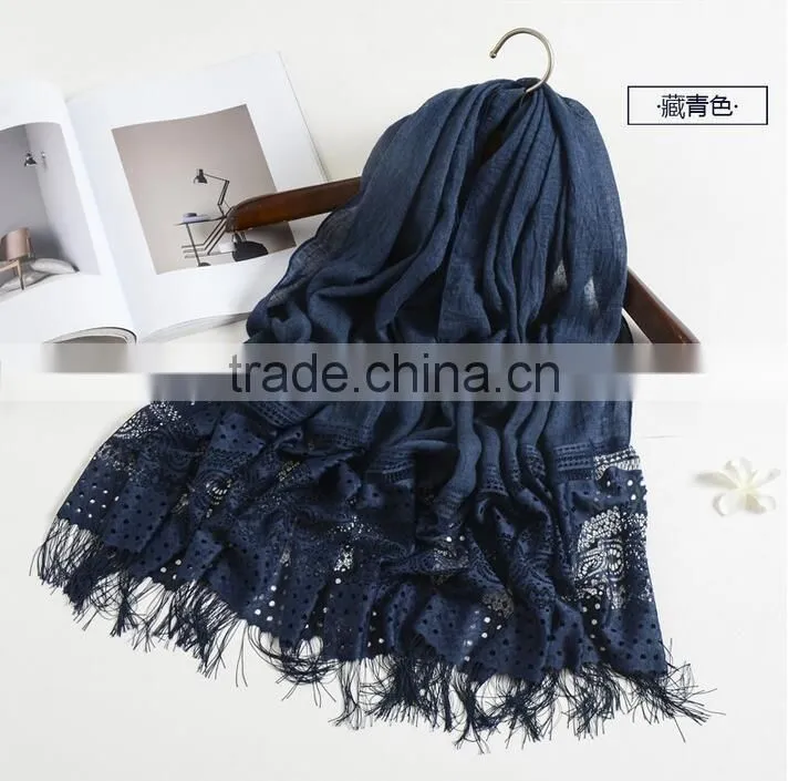 New fashion custom lash lace trimming viscose hijab scarf
