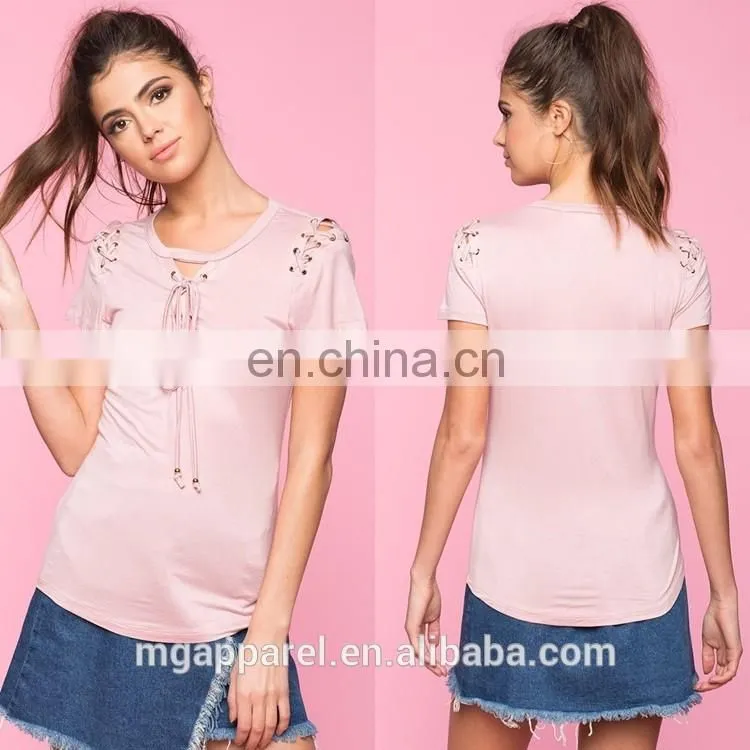 Wholesale custom comfort colors t-shirts fashion lady t-shirt with lace-up details