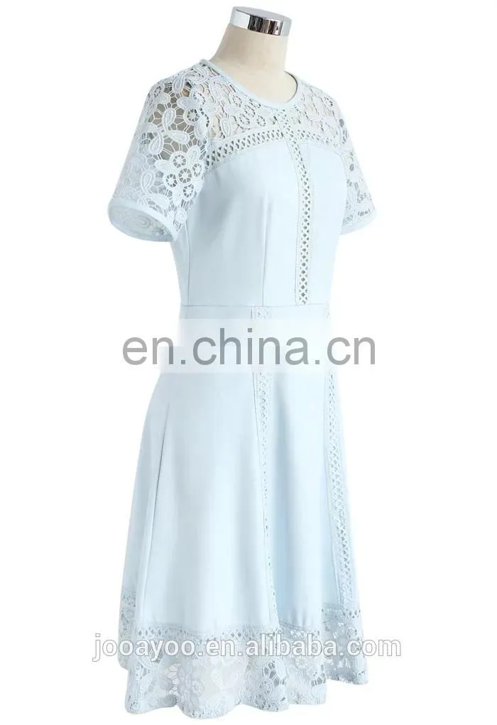 Women Elegant Short Sleeve Flower Lace Embroidered Crochet Dress in Blue