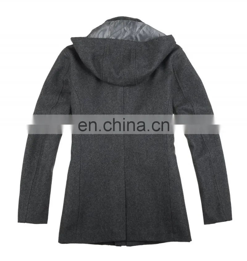 lastest fashion mens hooded woven wool fabric for winter overcoat long