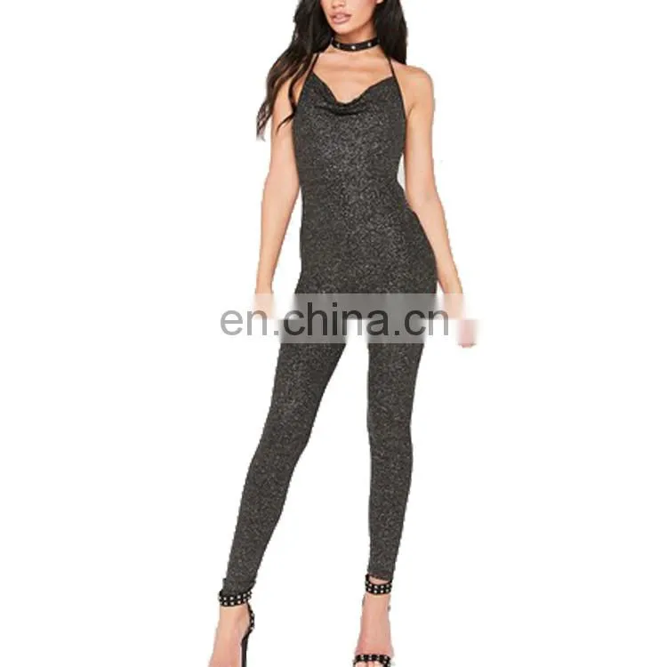 Custom Black Halter Neck Glitter Jumpsuit Casual Clothing For Ladies