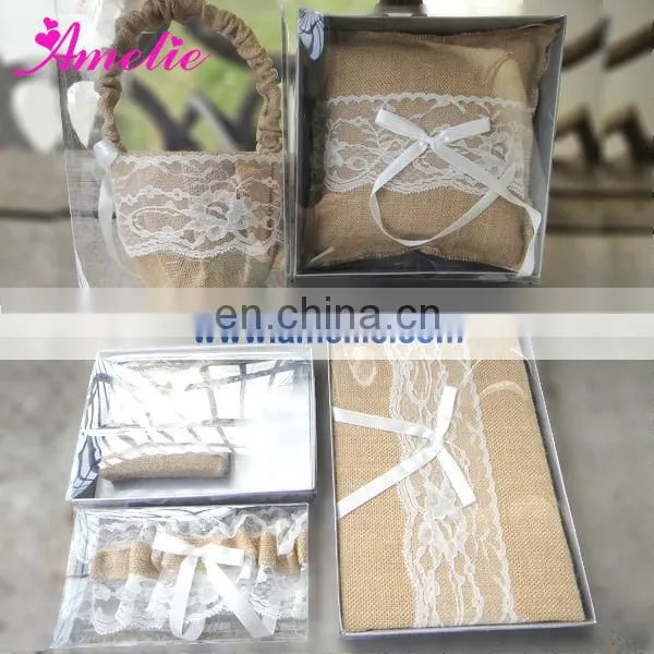 Linen With Lace Decoarted Wedding Ring Holder Pillow Set