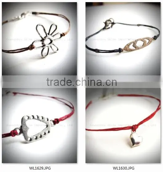 RetroStyle red rope wax cord bracelet metal heart charm bangle bracelet