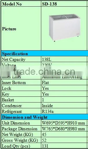 138L supermarket chest freezer with sliding curved glass door