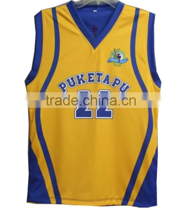 Reversible yellow and blue basketball jersey with custom logo