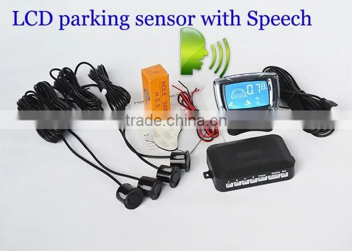 Free Shipping 4 Sensors English Human Voice LCD Parking Sensor Kit Real Person Speech 22mm Car Reverse Backup Radar System 12V