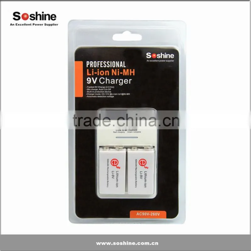 HOT SALE!!! Soshine 9V Li-ion Ni-MH NI-CD Battery Charger with 650mAh Lithium-ion Rechargeable 9 Volt Batteries