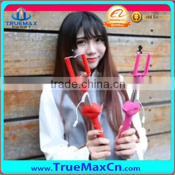 Mini cute cartoon lips style handeld selfie stick monopod, Wired Remote Camera Shutter