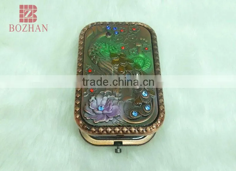Metal souvenir peafowl rhinestone mirror/antique peafowl makeup mirror/promotional gift peafowl compact mirror
