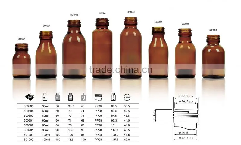30ml-125ml-500ml Amber glass Bottles For Syrup/Oil DIN28 or PP28 neck