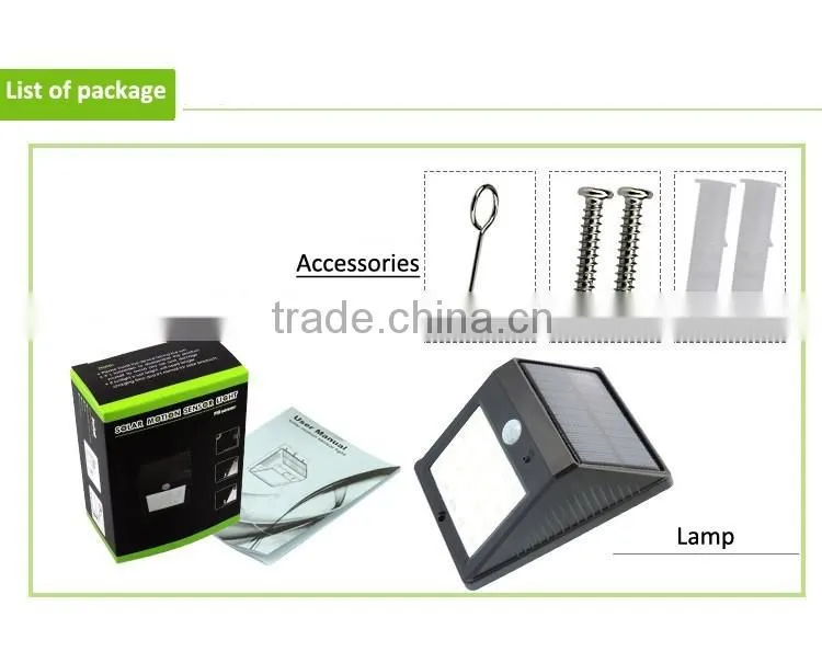 20 led triangle shape 800mah battery PIR sensor + Light control+weak light solar motion sensor light