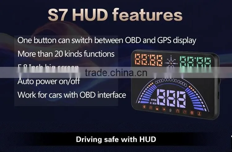 5.8 Inch Screen Hud S7 GPS hud for Car with speed and overspeed