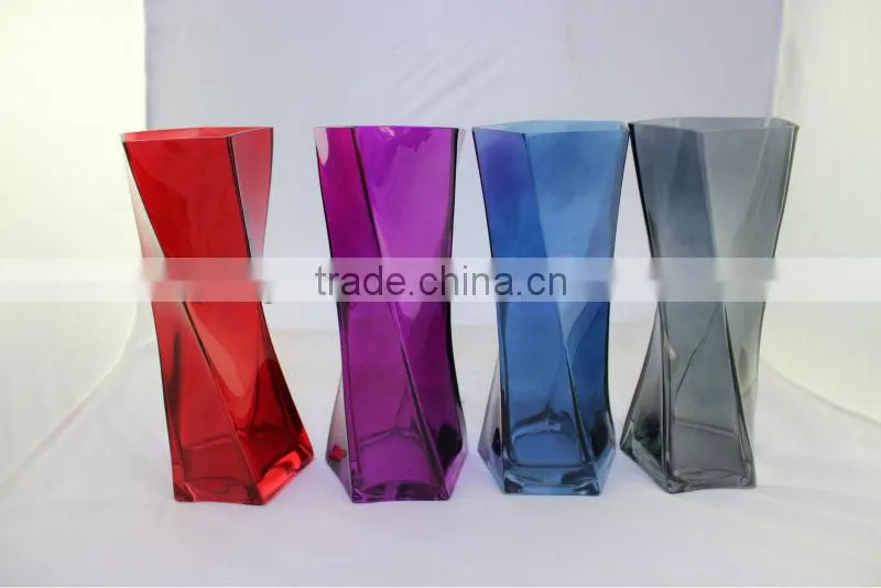 Square opening colored glass vase, handblown wedding table use vase