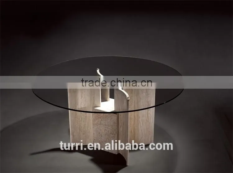 Iran natural travertine base round glass side table