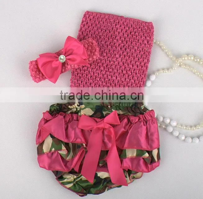 wholesale adorable baby diaper and crochet tube top3 sets , satin baby bloomers, baby ruffle bloomers