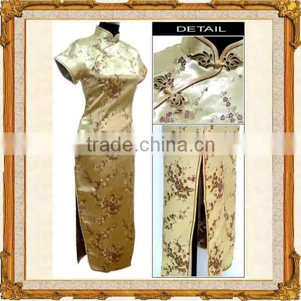 Long length dark blue chinese style silk cheongsam dress