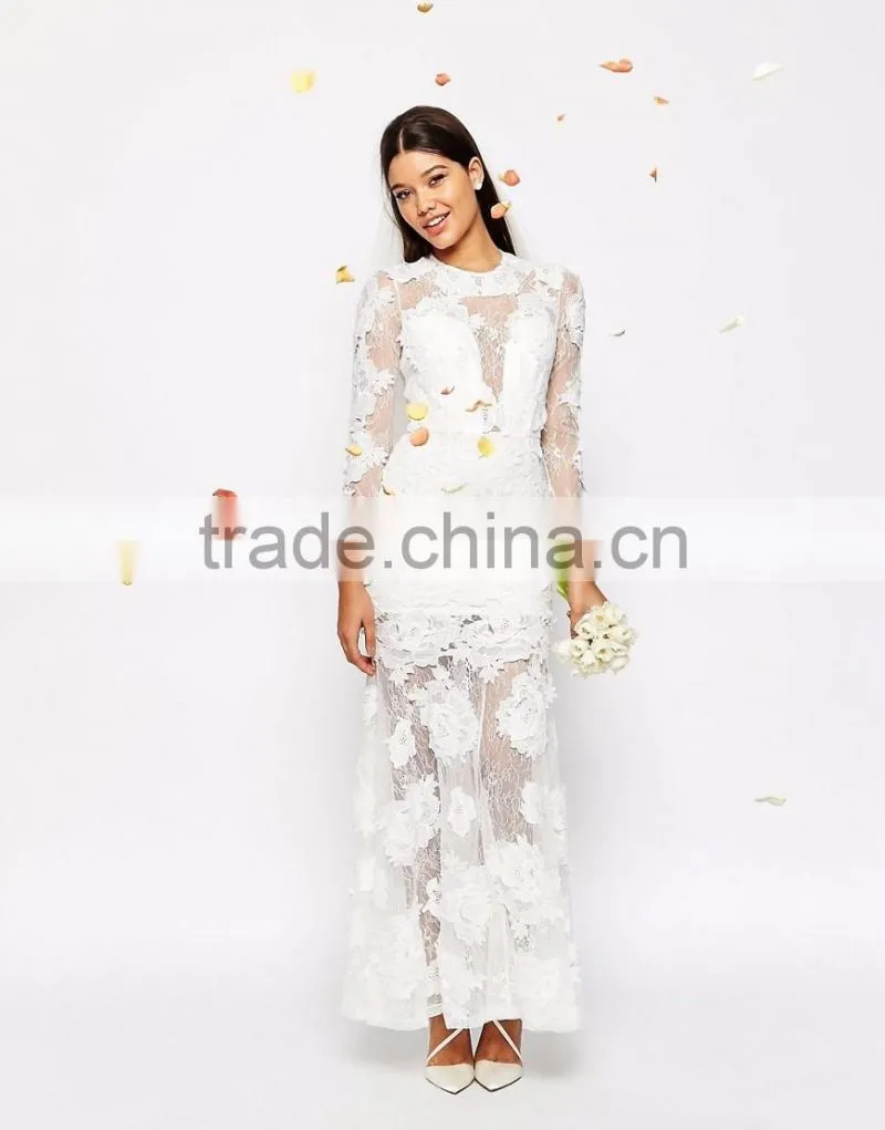 MGOO Lace 3D Floral Fishtail Maxi Dress Crew Neck Long Sleeves Embroidered Wedding Dress Bridal Grown