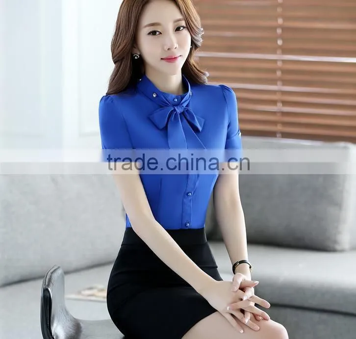 2017 Short Sleeve Korea White and Blue Women Office Blouse Stylish Formal Blouses For Ladies