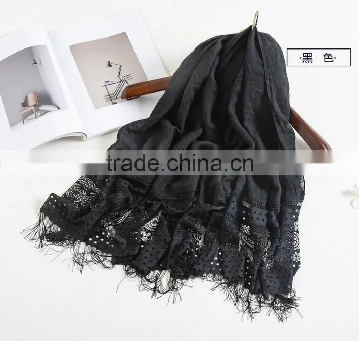 New fashion custom lash lace trimming viscose hijab scarf