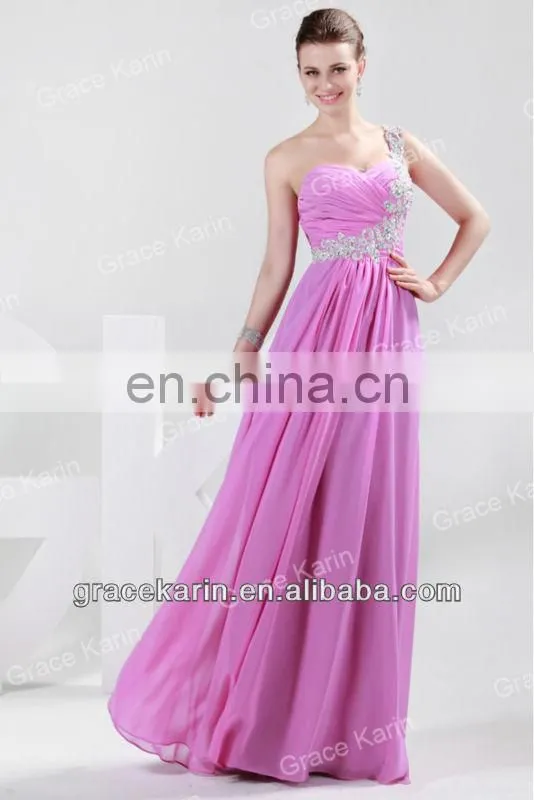 2015 Grace Karin Cheap Pink Long Evening Dresses One Shoulder Evening Gown CL4425
