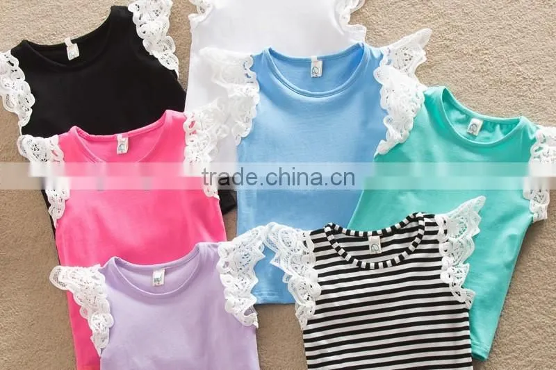 Ins New style kids boutique clothing colorful t-shirts fly sleve lace design pure cotton high quality newbron baby girls shirts